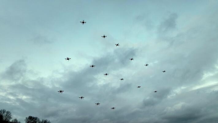 Keywords:
drones flying in formation - Formation of drones against a cloudy sky. Multiple drones fly in a ...