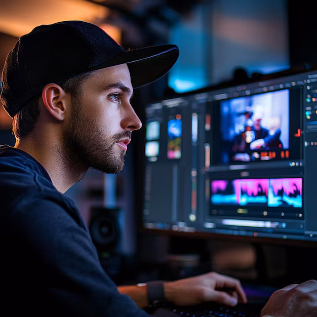 Content creator using AI software on computer - A content creator using video editing software to produce a ...