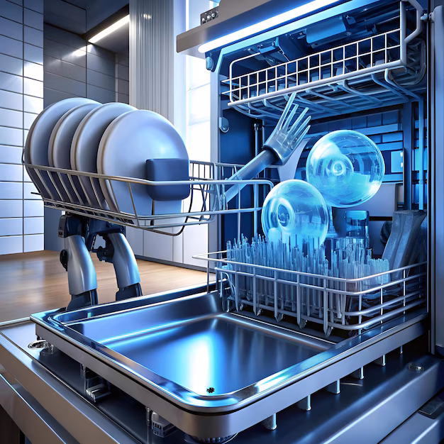 AI Dishwasher - A futuristic dishwasher with robotic arms loads dishes ...