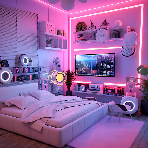 AI lighting gadgets - Bright designer bedroom with pink lighting and ultra trendy ...