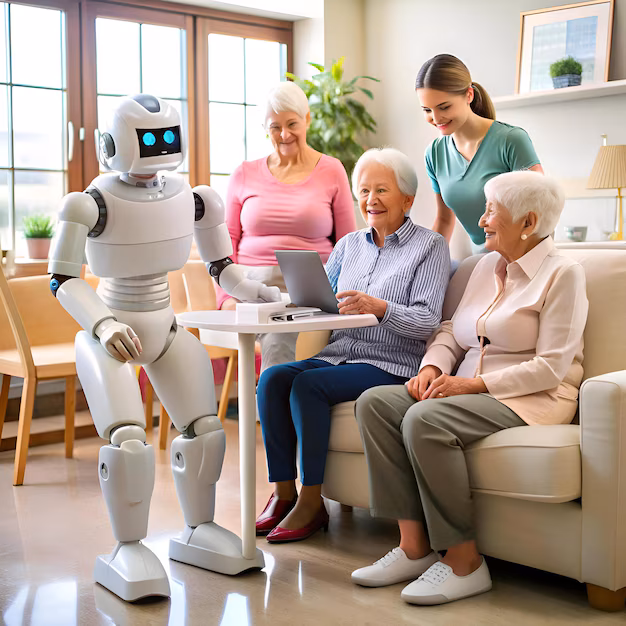 Robotic assistant helping person at home - Friendly robot assistant helps elderly women with technology ...