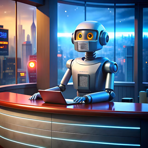 Robot news anchor at news desk - A friendly robot news anchor sits at a news desk looking out at ...
