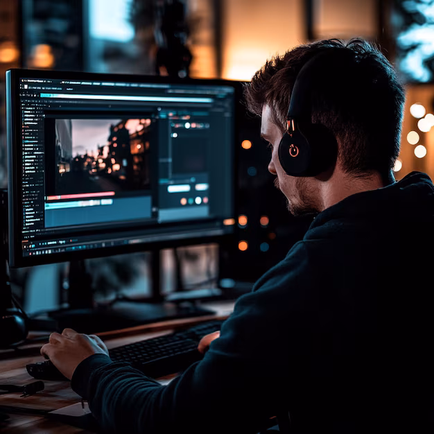 Content creator using AI software on computer - A content creator using video editing software to produce a ...