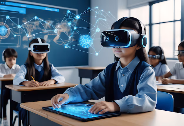 student using VR headset in classroom - School student with vr headset using ai artificial intelligence ...
