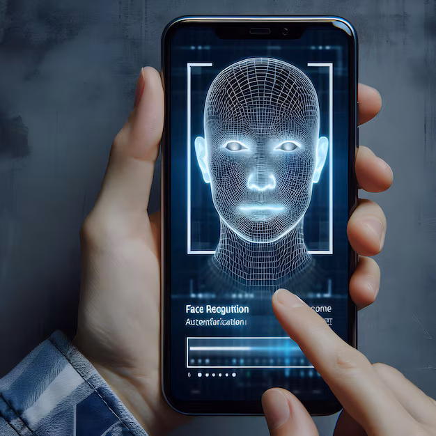 smartphone AI facial recognition - Modern face recognition technology on smartphone with plain ...