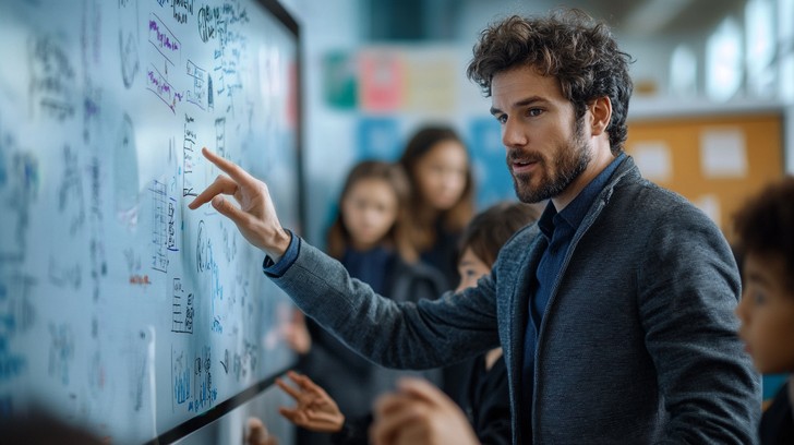 teacher using interactive smartboard in modern classroom - Free Classroom interactive teaching Photo - Education, Teacher ...