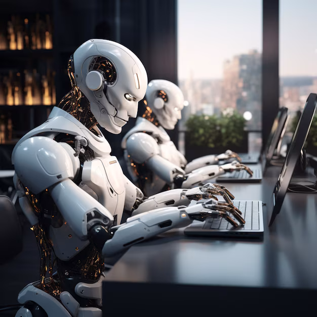 AI-powered office - Modern office environment with a 3d rendered ai powered robotic ...