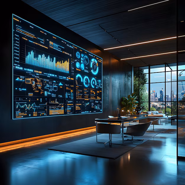 futuristic office with data visualization - Futuristic office interior with data visualization display ...