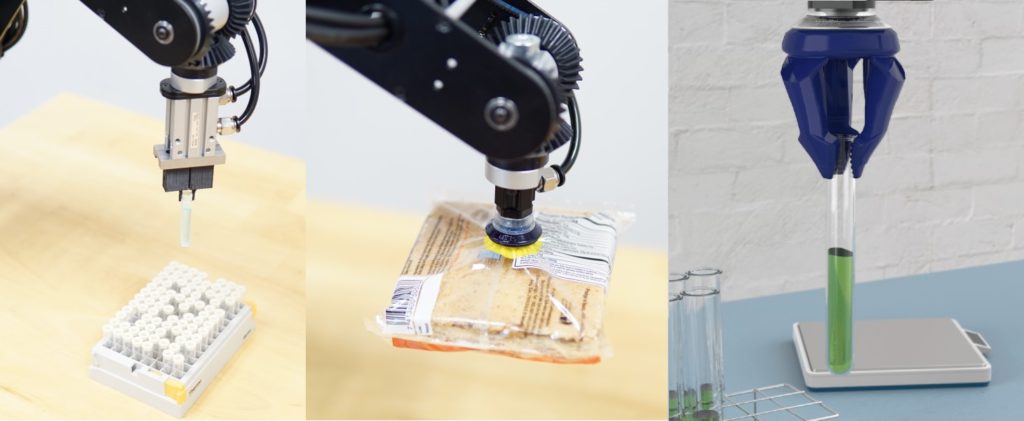 Robotic arm with vacuum gripper handling multiple components - Types Of Robot Grippers And Their Applications | Dorna Robotics