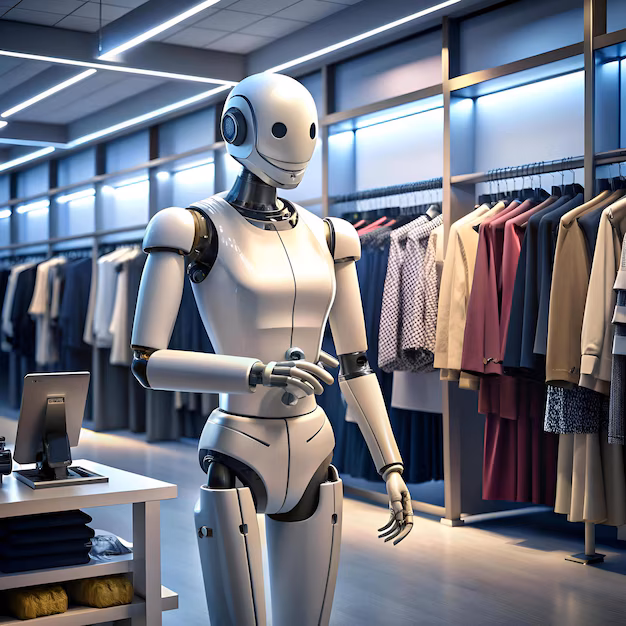 humanoid robot helping customer in retail store - A friendly humanoid robot stands in a modern clothing store ready ...