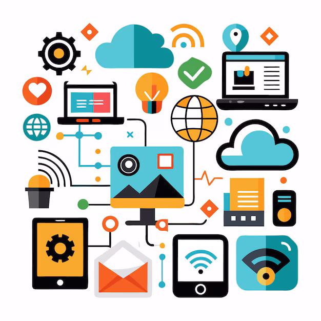 AI connecting smart devices infographic - Colorful flat design infographic with connected devices ...