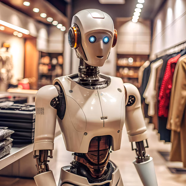 humanoid robot helping customer in retail store - A friendly humanoid robot stands in a retail store ready to assist ...