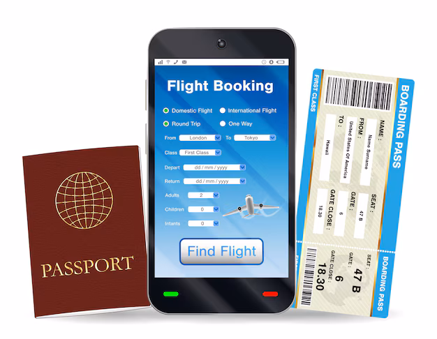 flight booking app smartphone - Smartphone app online flight booking and airplane | Premium Vector